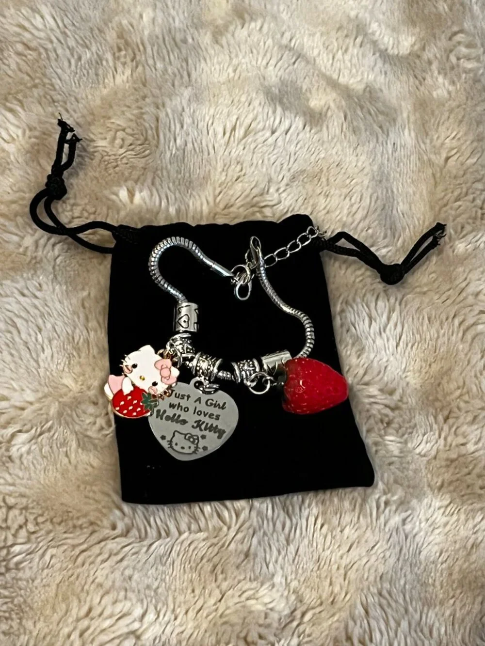 BRAND NEW Sanrio Hello Kitty Kids Silver Tone Charm Bracelet with Strawberry Cha